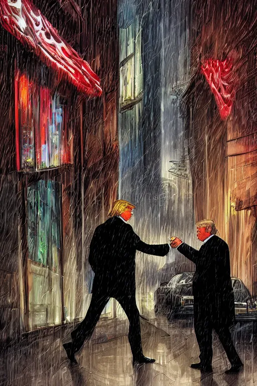 Image similar to digital art of donald trump buying drugs from vladimir putin in a dark raining city alleyway
