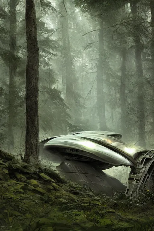 Image similar to scifi alien spaceship crashed in an ancient old forrest clearing, eeire mood, Dynamic lighting, cinematic, establishing shot, extremely high detail, photo realistic, cinematic lighting, , post processed denoised, concept design, concept art, artstation, matte painting, midjourney, style by alex ross, raphael lacoste, eddie mendoza