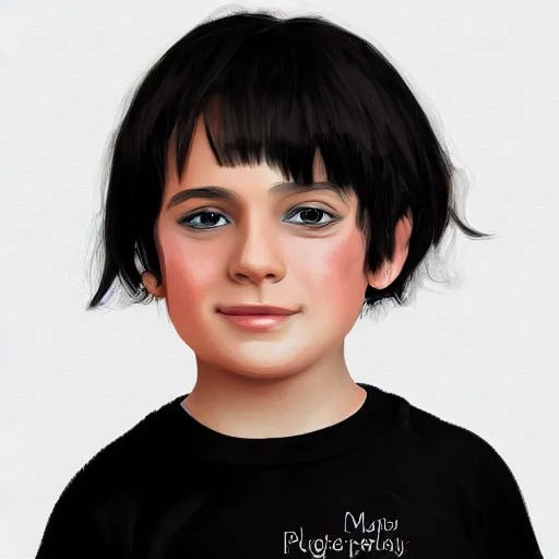 Prompt: a digital portrait of a 9 year old with black hair,hazel green eyes, drawn in the style of mark Arian