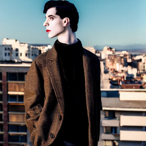 Image similar to un ultra high definition fashion editorial photographic portrait of a pale young man with black hair standing on the rooftop of an apartment building wearing all eclectic clothes. three point light. extremely detailed. stark. nostalgic. golden hour, golden ratio, ray tracing, volumetric light, shallow depth of field.