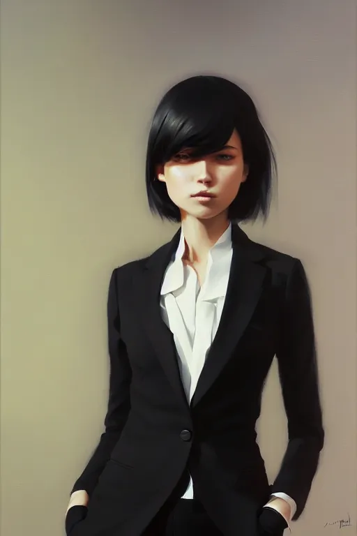 Prompt: a ultradetailed beautiful panting of a stylish woman wearing a black loose fit suit with a tie, oil painting, by ilya kuvshinov, greg rutkowski and makoto shinkai, trending on artstation