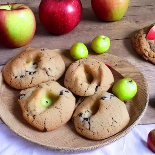 Prompt: cookies intertwined with apples, explosion, extreme intensity, fantastic landscape