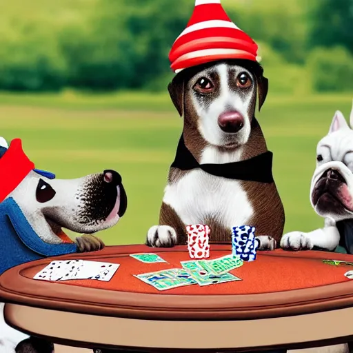 Image similar to Dogs playing poker wearing funny hats