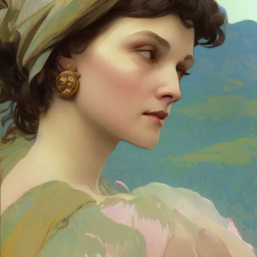 Image similar to a beautiful closeup portrait of a young vivian leigh, mountain background, serene colors, dramatic light, gorgeous view, depth, high detail, digital art, painted by alphonse mucha and greg rutkowski, trending on artstation