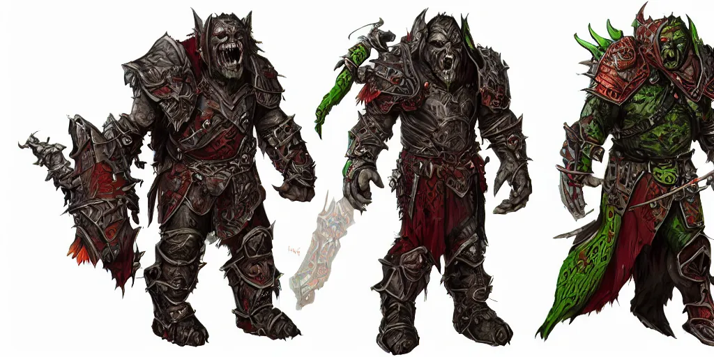 Image similar to different views of scary orcs in armour, colourful intricate!! concept art by senior character artist, trending on artstation, full body character design