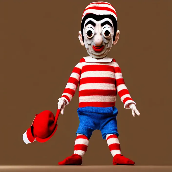 Prompt: high quality photoshoot of mr. bean in the role of waldo from where's waldo, surreal, light shining through, hyper - realistic, highly detailed, sharp focus, smooth, intricate, octane render