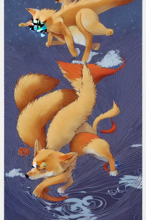 Prompt: poster of a shiba inu as a nine - tailed fox, studio ghibli aesthetic, by yoichi hatakenaka, masamune shirow, josan gonzales and dan mumford, ayami kojima, takato yamamoto, barclay shaw, karol bak, yukito kishiro