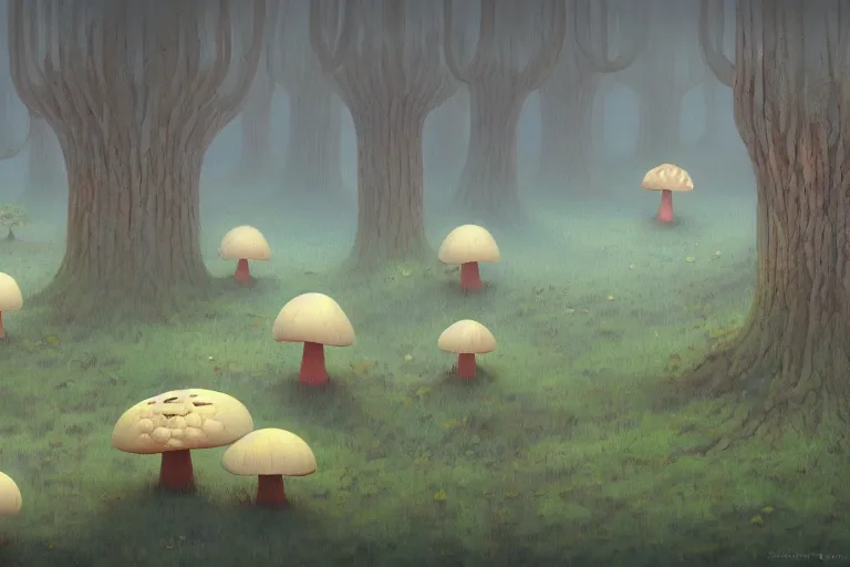 Prompt: mushroom forest by Shaun Tan and Hiroshi Yoshida, trending on artstation