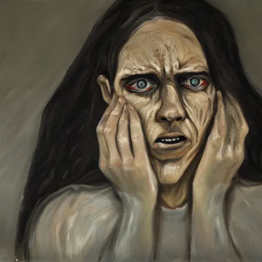 Image similar to big budget horror, dark oil paint of sadness