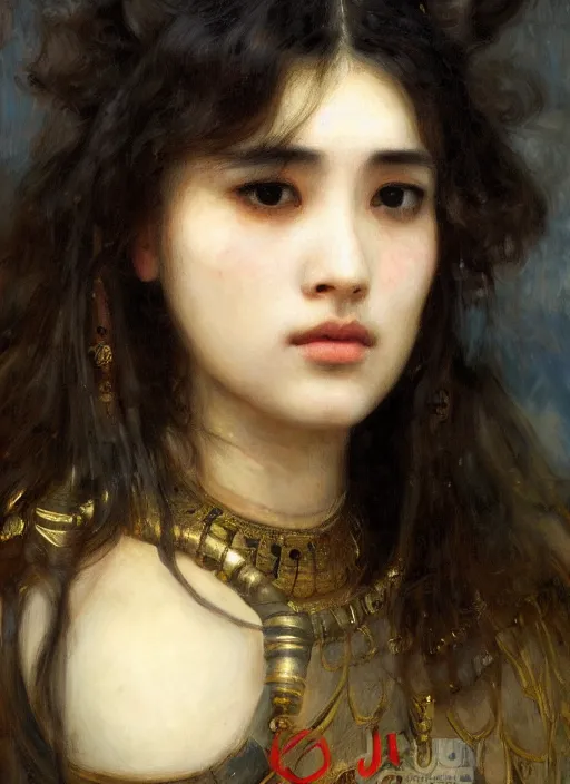 Prompt: beautifull asian cyborg broken head bangs curly Iranian orientalist portrait by john william waterhouse and Edwin Longsden Long and Theodore Ralli and Nasreddine Dinet, oil on canvas. Cinematic, hyper realism, dramatic lighting, high detail 4k