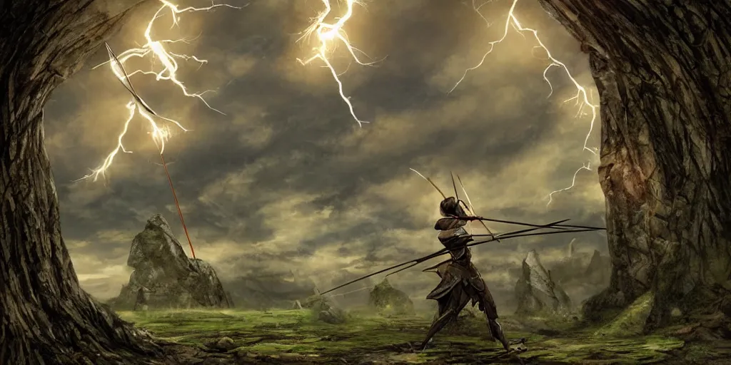 Prompt: lighting strike's archers arrow , fantasy world, realistic, sci-fi, landscape, character design, concept art,