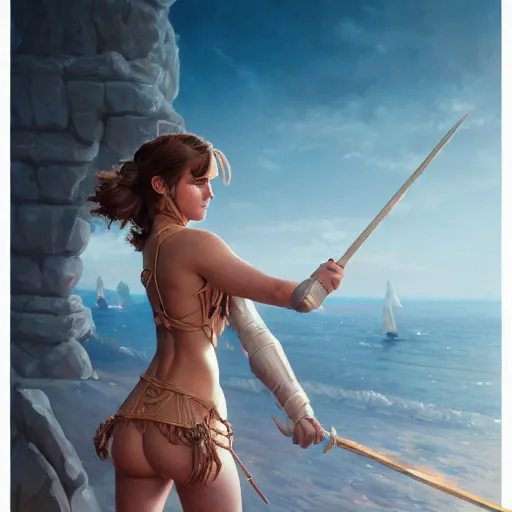 Image similar to highly detailed painting of emma watson wearing a bikini knight armor, stephen bliss, 8 k, by greg rutkowski, loish, rhads, artgerm, ferdinand knab, makoto shinkai and lois van baarle, ilya kuvshinov, rossdraws, global illumination, radiant light, detailed and intricate environment