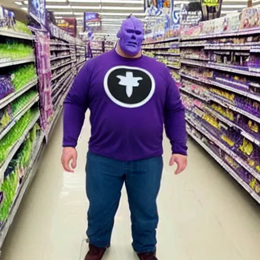 Prompt: thanos stuck in a walmart looking for his mom,