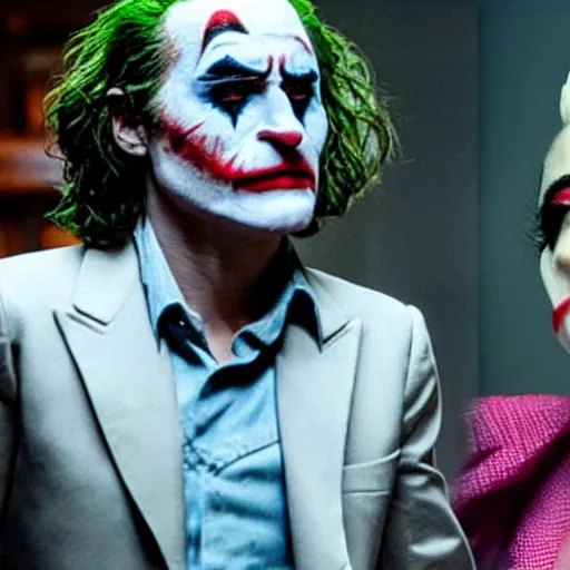 Image similar to ultra realistic stealth candid photograph from joaquin phoenix with lady gaga in new joker movie footage's, intricate details, face details, proportional body details, full medium shot.