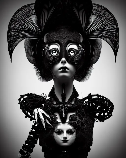 Image similar to surreal mythical dreamy dark artistic black and white fine art 3 / 4 fashion portrait photo of a young beautiful delicate female robot - witch - owl with orchid - doll face, rim light, cinematic, studio dramatic light, poetic, masterpiece, octane render, 8 k, photo - realistic by gustave dore hg giger