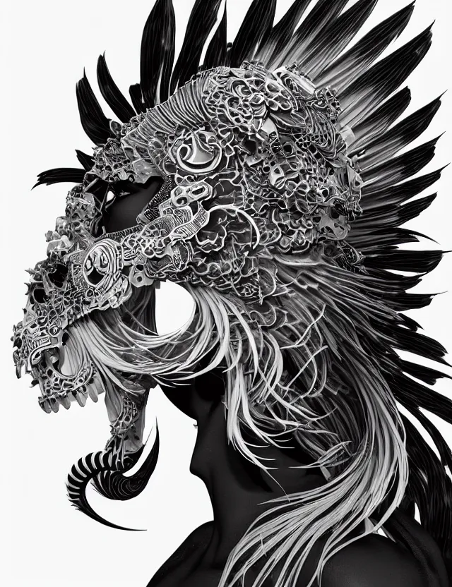 Image similar to 3 d goddess close - up profile simple portrait punk skull with mohawk with ram skull. beautiful intricately detailed japanese crow kitsune mask and clasical japanese kimono. betta fish, jellyfish phoenix, bio luminescent, plasma, ice, water, wind, creature, artwork by tooth wu and wlop and beeple and greg rutkowski