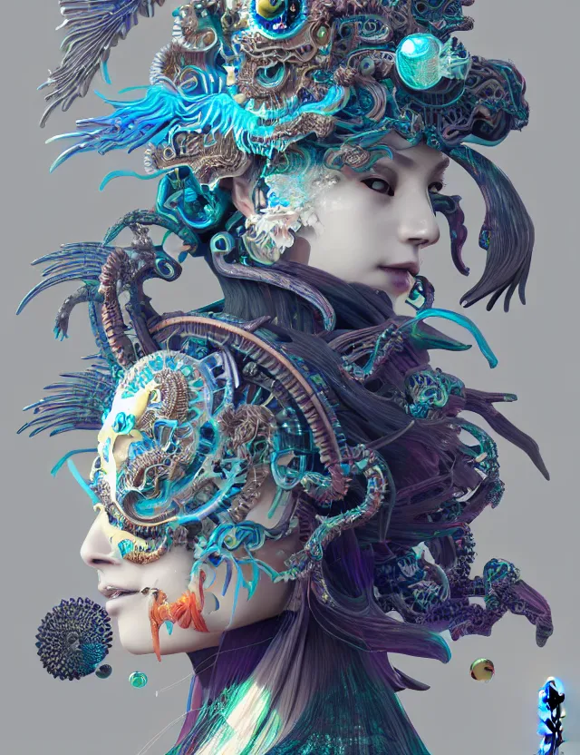 Image similar to 3 d goddess close - up profile solarpunk portrait ram skull. beautiful intricately detailed japanese crow kitsune mask and clasical japanese kimono. betta fish, jellyfish phoenix, bio luminescent, plasma, ice, water, wind, creature, artwork by tooth wu and wlop and beeple and greg rutkowski