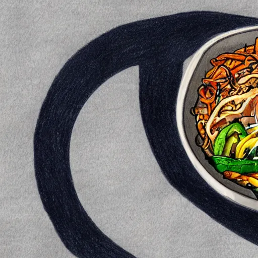 Prompt: a drawing of a roller coaster inside of a bowl of bibimbap