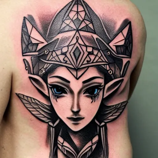 Image similar to tattoo design, stencil, portrait of princess zelda by artgerm, symmetrical face, beautiful, triforce