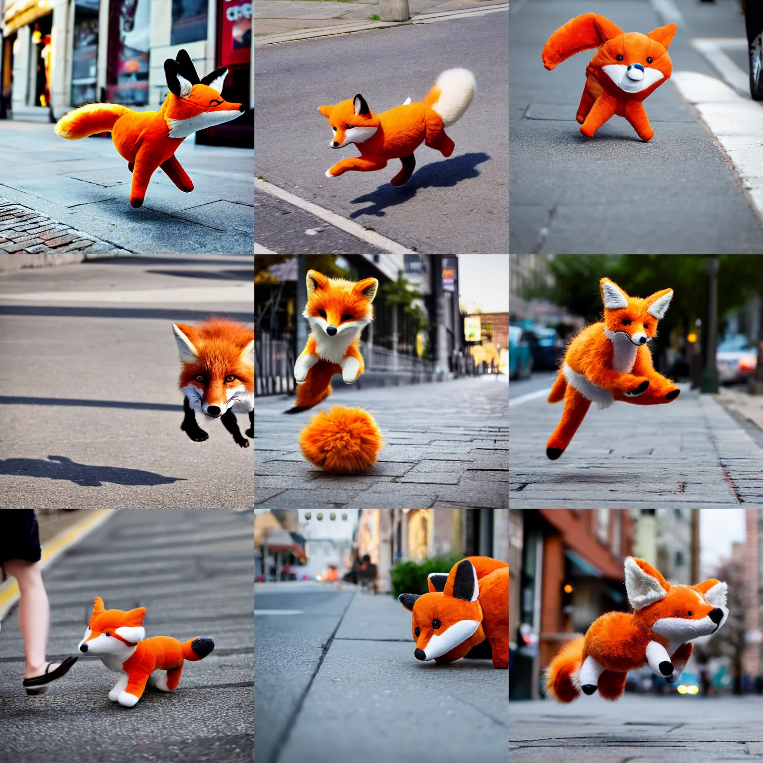 Prompt: An airborne pouncing stuffed animal toy fox plushie pouncing on the sidewalk, dynamic, motion blur, award winning photography