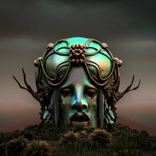 Prompt: ancient dead god being in desolate and lush landscape, moody, iridescent, opalescent :: by James Jean, Jeff Koons, Dan McPharlin Daniel Merrian :: ornate, dynamic, particulate, rich colors, intricate, elegant, highly detailed, centered, artstation, smooth, sharp focus, octane render, 3d