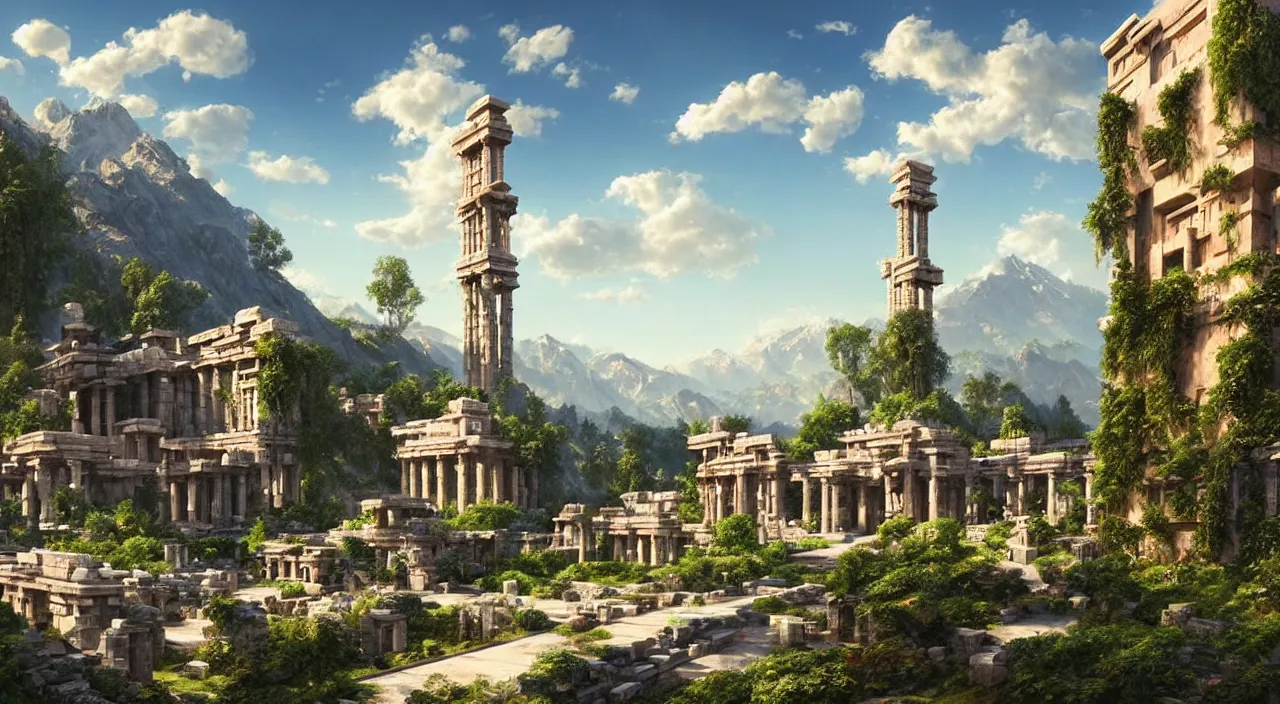 Image similar to retrofutristic city under kashmir mountains, hill valley grec greeble temple of olympus glory island little wood bridge painting of tower ivy plant in marble late afternoon light, wispy clouds in a blue sky, by frank lloyd wright and greg rutkowski and ruan jia