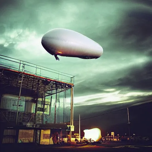 Image similar to “man trying to pump up inflate a large zeppelin blimp, highly detailed, dramatic lighting, Alex Pardee, Nekro Petros Afshar, James McDermott, cgsociety 4K”