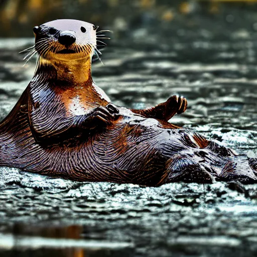 Image similar to steampunk mechanical otter in a river, sci - fi, wildlife photograph, national geographic, award - winning