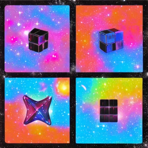 Image similar to a cosmic rubik's cude, nebula, galaxies, stars, outer - space ( cyan, pink, purple, orange )