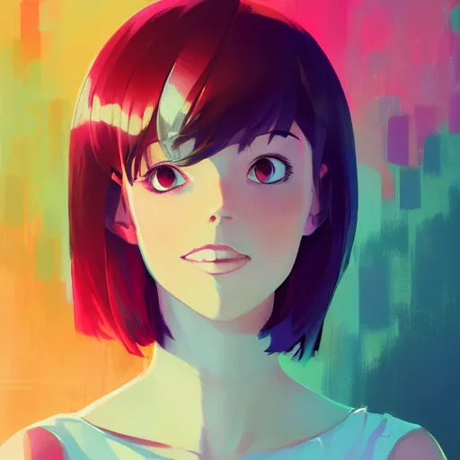 Image similar to portrait of aurora asknes, colorful interior as background, rich vivid colors, ambient lighting, dynamic lighting, 4k, official media, anime key visual, makoto shinkai, ilya kuvshinov, lois van baarle, rossdraws, detailed, trending on artstation