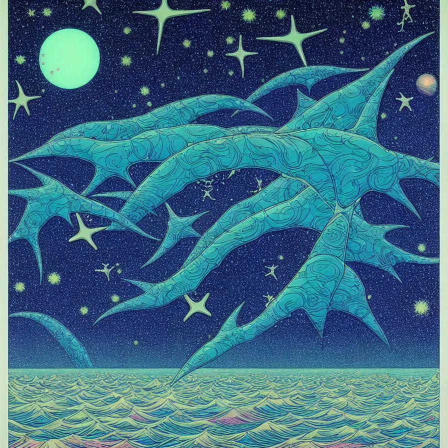 Image similar to ( ( ( ( shinning starry sky and sea, with decorative frame design ) ) ) ) by mœbius!!!!!!!!!!!!!!!!!!!!!!!!!!!, overdetailed art, colorful, artistic record jacket design