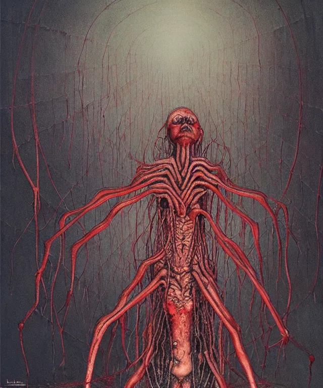 Prompt: woman standing. illustration of arachnophobia, fear of spiders, incredible amount of spiders, bugs. extremely high details, realistic, horror, creepy, masterpiece, art by hermann nitsch, zdzislaw beksinski, dariusz zawadzki, giger, dragan bibin