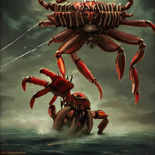 Image similar to giant mechanical crab crushing a goblin in its claws, fantasy art, epic, cinematic, dnd