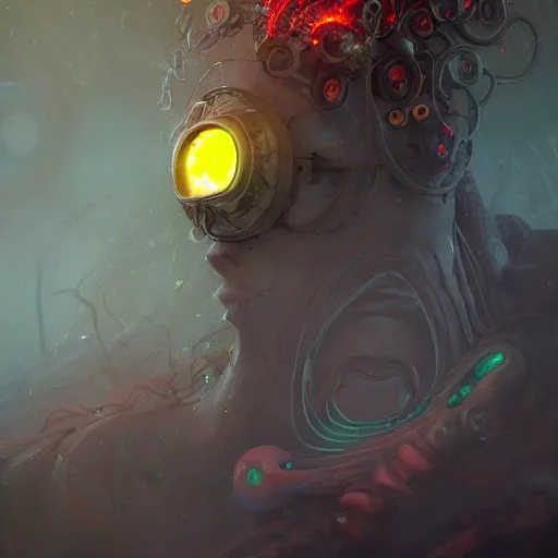 Image similar to medium shot of a weird Lovecraftian ghostly transparent yellow lightning elemental humanoid with red and blue goggles, cyberpunk concept art by pete mohrbacher and seb mckinnon and beksinski and josan gonzales, digital art, highly detailed, intricate, sci-fi, sharp focus, Trending on Artstation HQ, deviantart, unreal engine 5, 4K UHD image