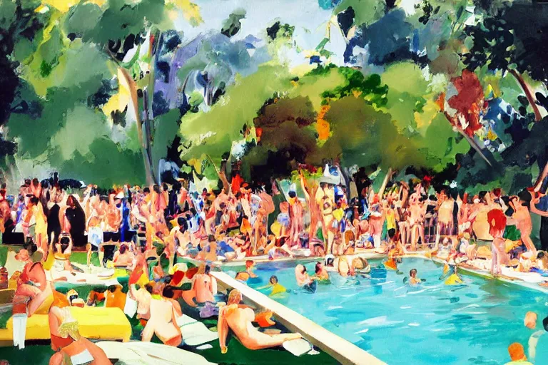 Image similar to “colourful painting of pool party at playboy mansion, by paul wonner, by Eric fischl”