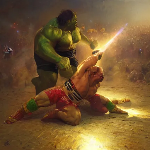 Image similar to the iron sheik breaking hulk hogan's back, radiant light, caustics, heroic, bright iridescent light, by gaston bussiere, bayard wu, greg rutkowski, maxim verehin, epic wrestling combat, legendary