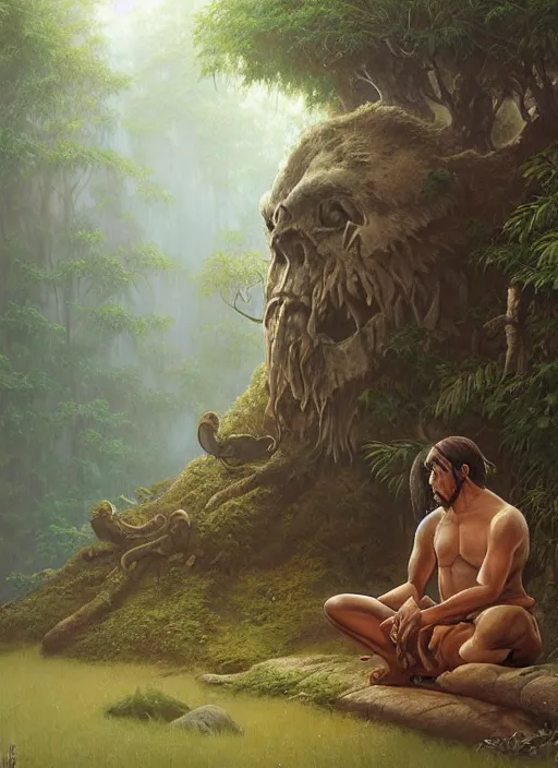 Prompt: an indigenous man sitting and praying in the jungle, while ghosts of his ancestors watch over him, art by christophe vacher