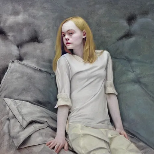 Prompt: a striking hyper real oil painting of Elle Fanning with cybernetics by Andrew Wyeth