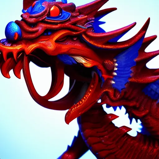 Image similar to closeup 3 d toy dmt chinese bestiary dragon as funco toy, war cry, plastic, sss, octane 4 k render, studio lighting, artstation, cyan photographic backdrop, 1 0 5 mm, f 2. 8 aperture