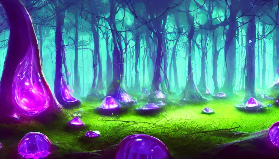 Image similar to a fluorescent giant mushrooms forest, beautiful crystal deposits glowing on the floor, in style of laurel d austin, 2 d art, concept art, fantasy, high detail, trending on artstation