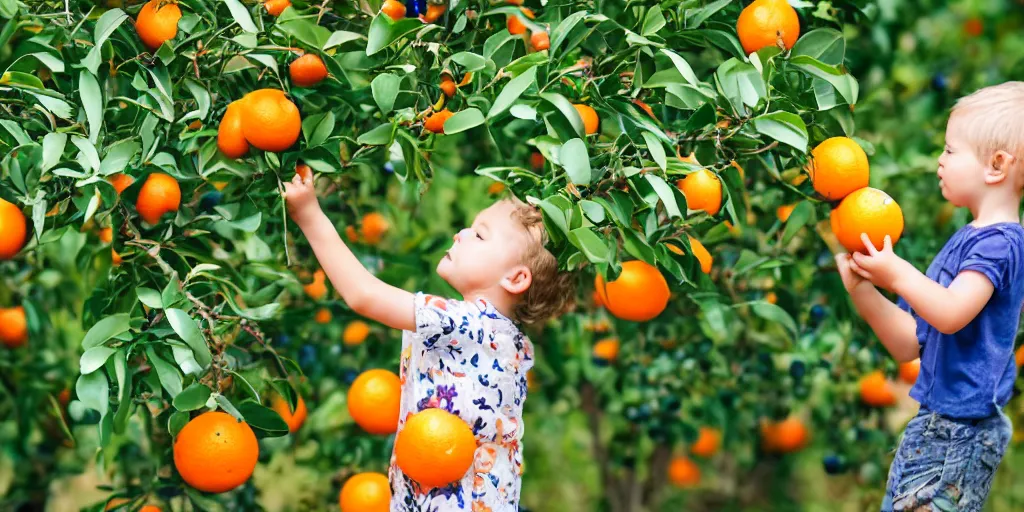 Image similar to a small child picking blueberries in a field growing an orange tree with red, green and yellow oranges hanging on it, on a bright and sunny morning