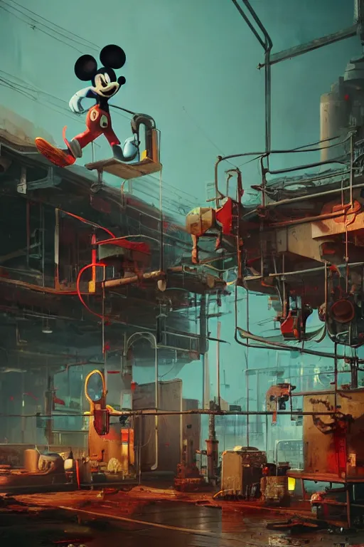 Image similar to mechanics fixing bloody mickey mouse head, mechanic facility, made by beeple, cgsociety, artgerm, greg rutkowski, highly detailed intricate 4 k art, low light cinematic, octane render, unreal engine,