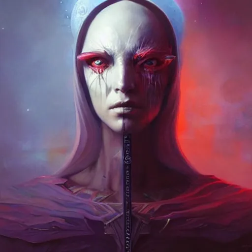 Prompt: an acrylic on canvas portrait painting of a beautiful alien priestess by Greg Rutkowski, Artgerm and Beksinski. Epic fantasy art.