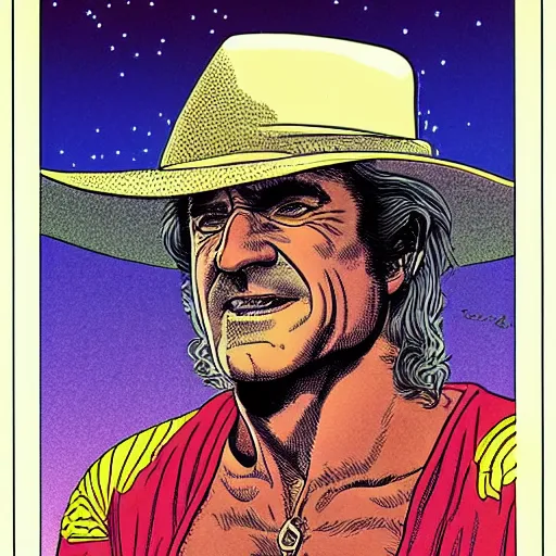 Image similar to mel gibson retro minimalist portrait moebius starwatcher comic by jean giraud, 8 k