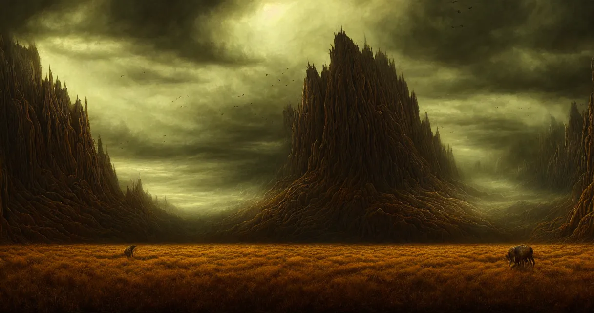 Image similar to epic professional digital art of startling hungry landscape, faint golden moody atmospheric lighting, painted, intricate, detailed, detailed, foreboding, by leesha hannigan, wayne haag, reyna rochin, ignacio fernandez rios, mark ryden, iris van herpen,, epic, stunning, gorgeous, much wow, cinematic, masterpiece.