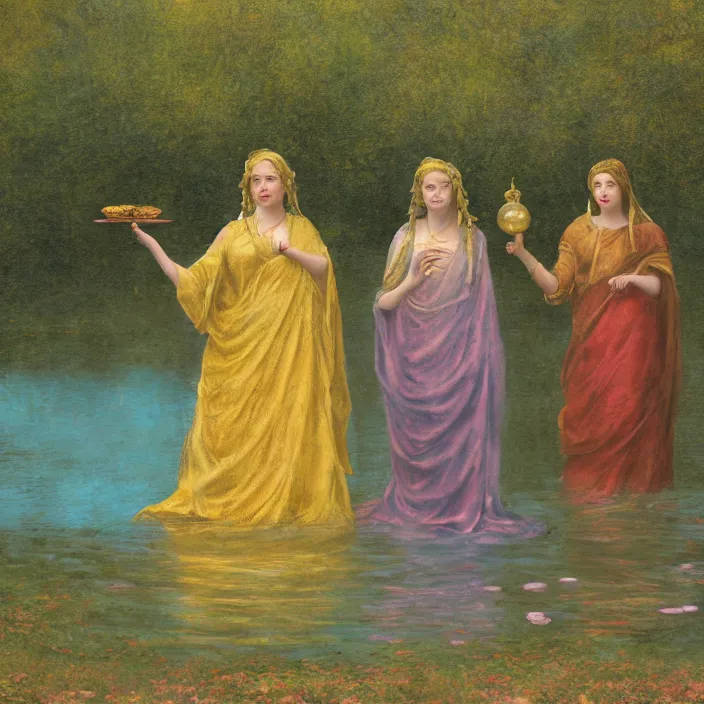 Prompt: a color photograph, closeup portrait of three women wrapped in gold, the three fates, standing next to a levitating turquoise orb, in a misty pond, color photograph, by vincent desiderio, canon eos c 3 0 0, ƒ 1. 8, 3 5 mm, 8 k, medium - format print