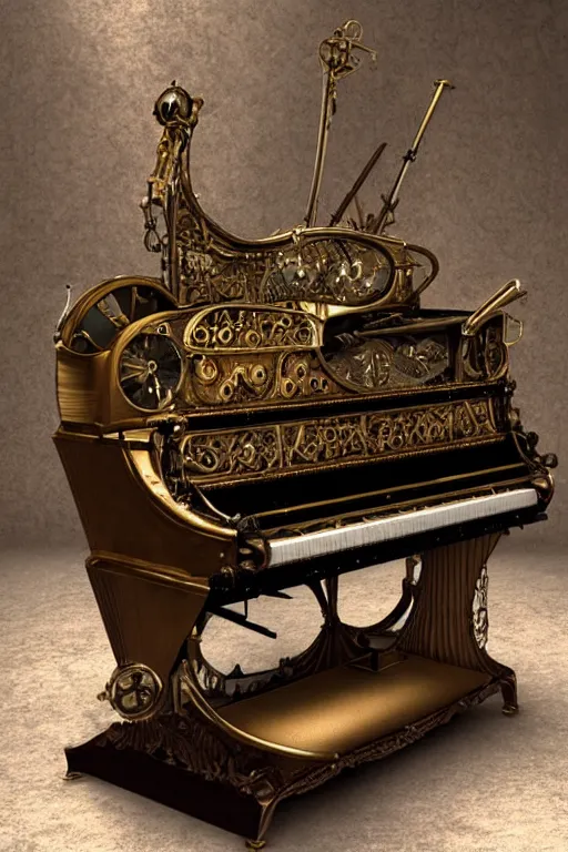 Image similar to Steampunk harpsichord, Artstation, photorealistic