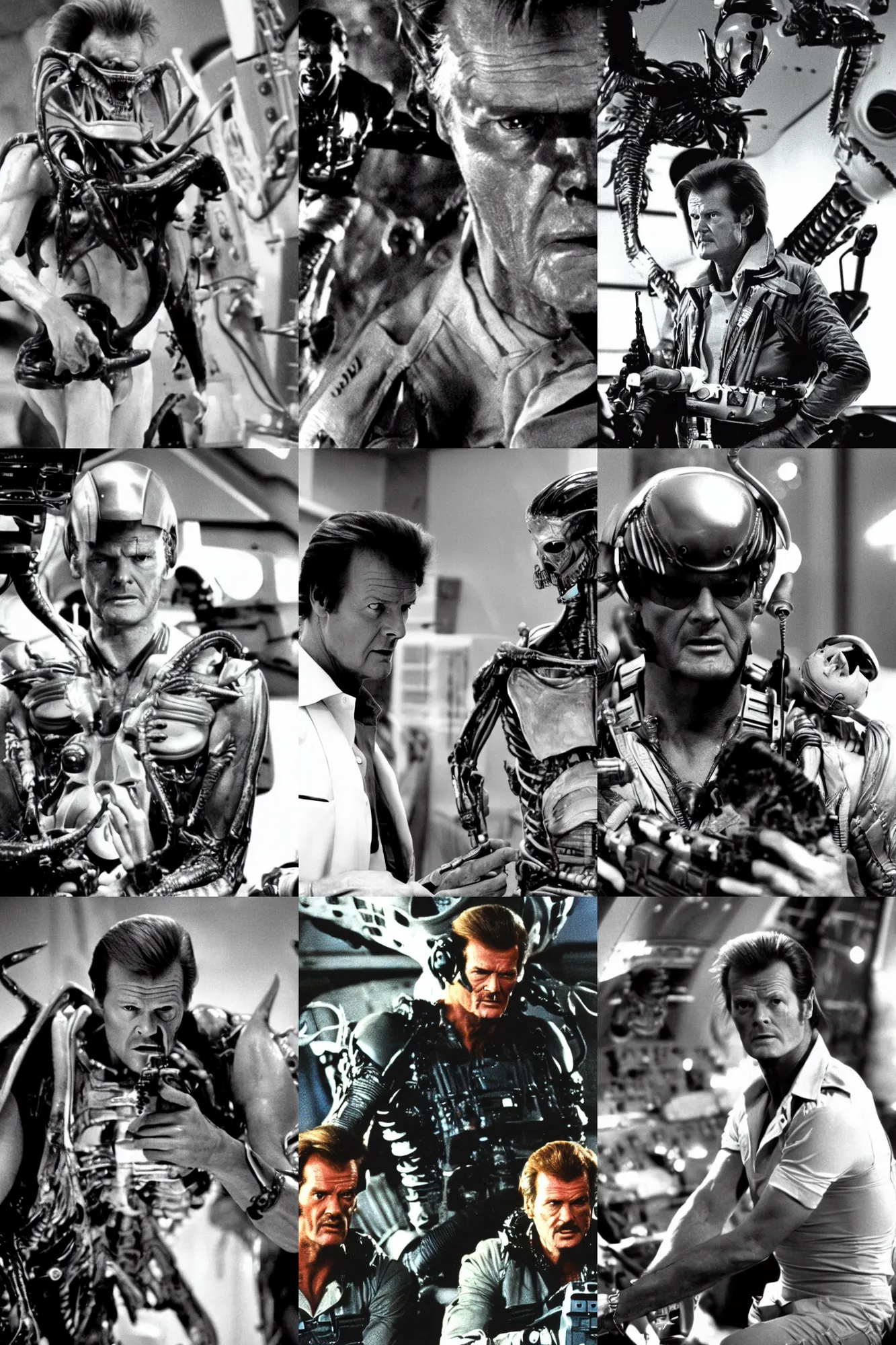 Prompt: roger moore, aliens 1 9 8 6 film, production still