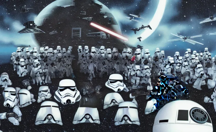 Image similar to darth vader on the death star surrounded by storm troopers and tie fighters, in the style of studio ghibli