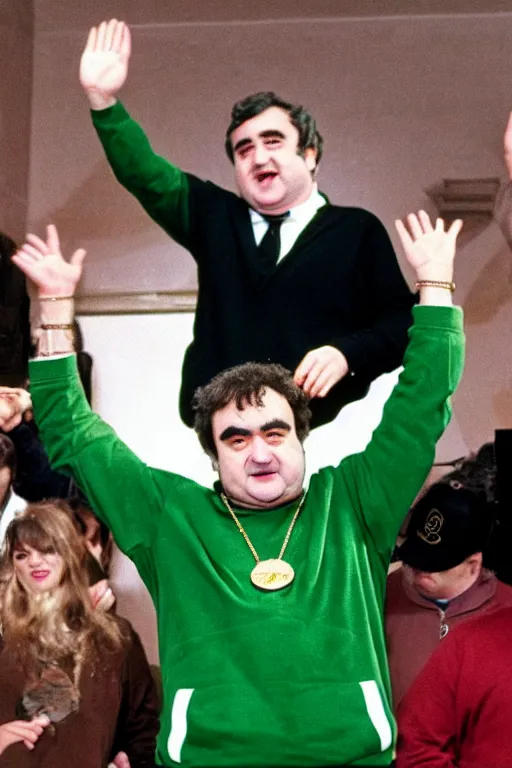 Image similar to gordon brown mixed with john belushi, dark black hair, wearing a green umbro tracksuit and gold necklace star shaped medallion, hands raised in the air,